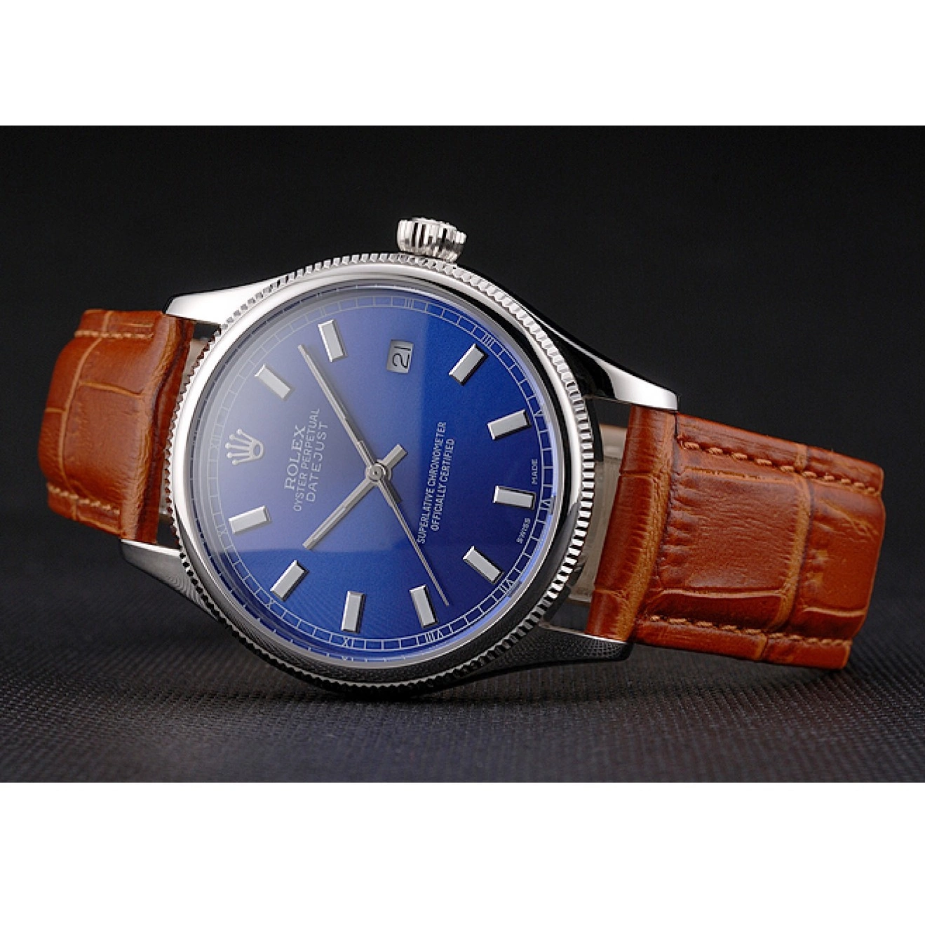 Aaa replica watch Leather Dial Datejust Blue Case Steel Swiss Stainless Light Brown Strap Rolex 0719